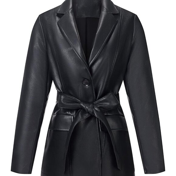 🆕 Women Black Faux Leather Blazer Jackets Spring Fashion Vegan Button Down Coat - Picture 1 of 6